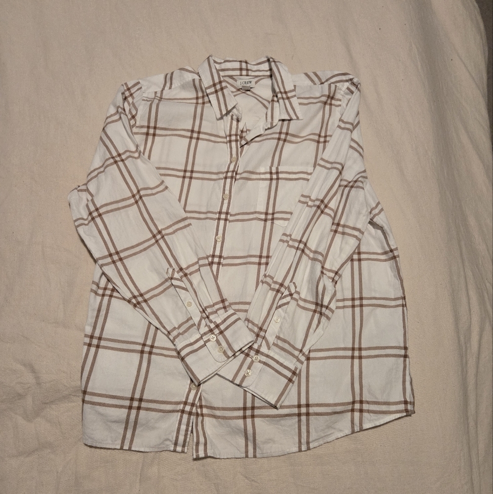 J. Crew White and Brown Casual Button Down Shirt with Plaid Design